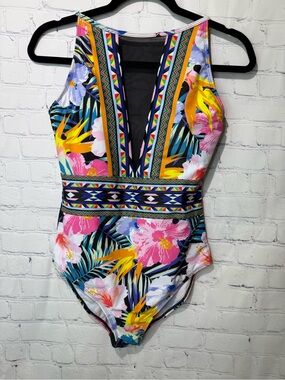 Beach Bum size medium multi-color tropical floral print one-piece swimsuit